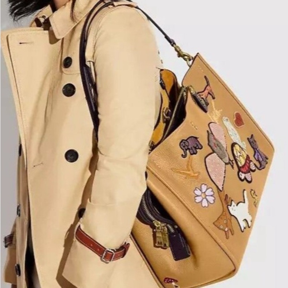 Coach Rouge 39 Tan Tote with Animal Creature Patches: Owl Turtle Cat Mushroom - Picture 5 of 14